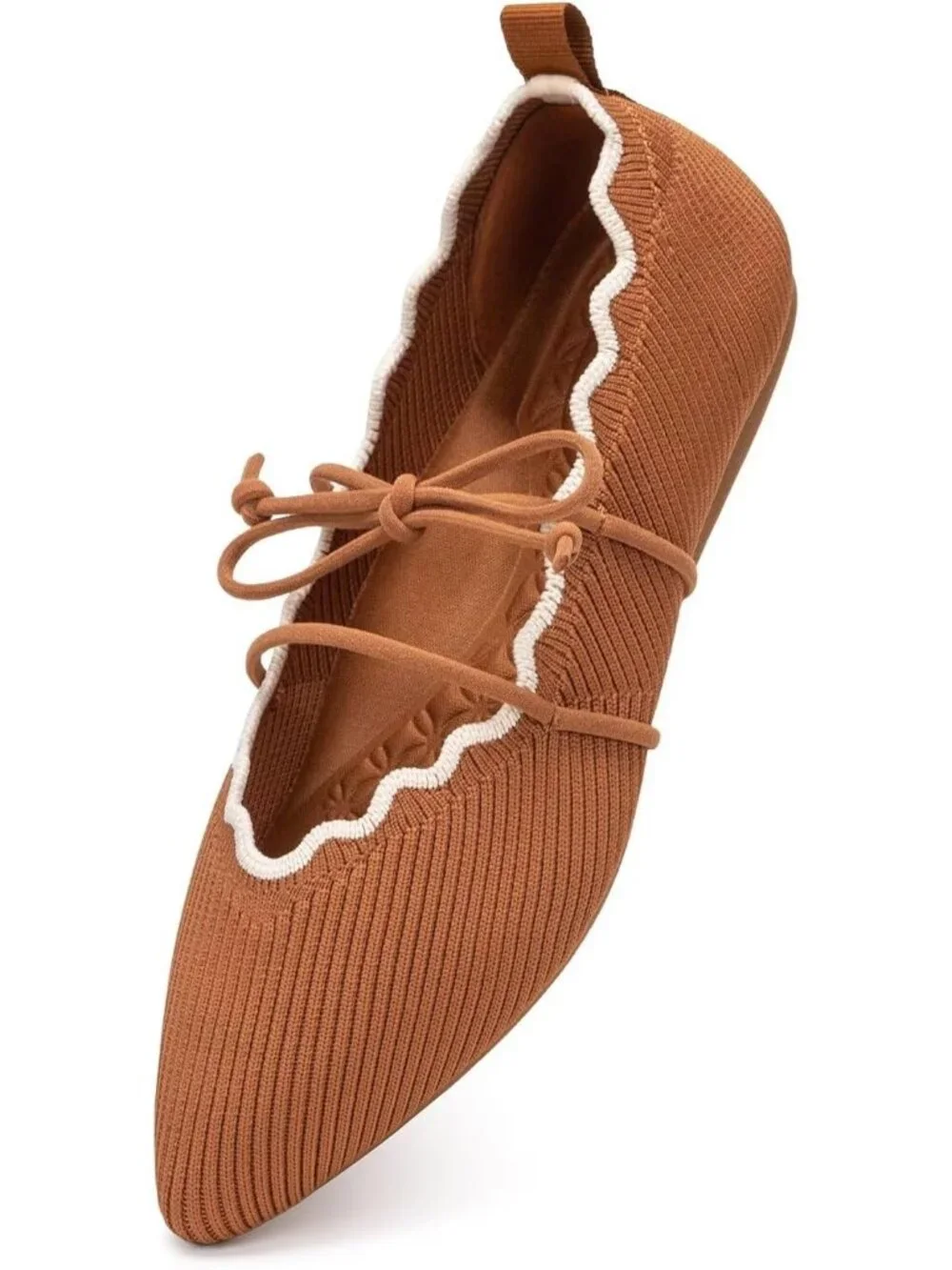 Women's Tan Rubber Knitted Slip On Pointed Toe with Ruffled Vamp Elastic Flats